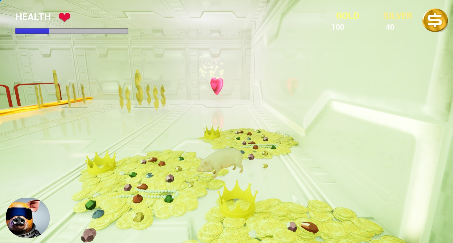 Videojuego VR: cerdito recolectando monedas de oro
