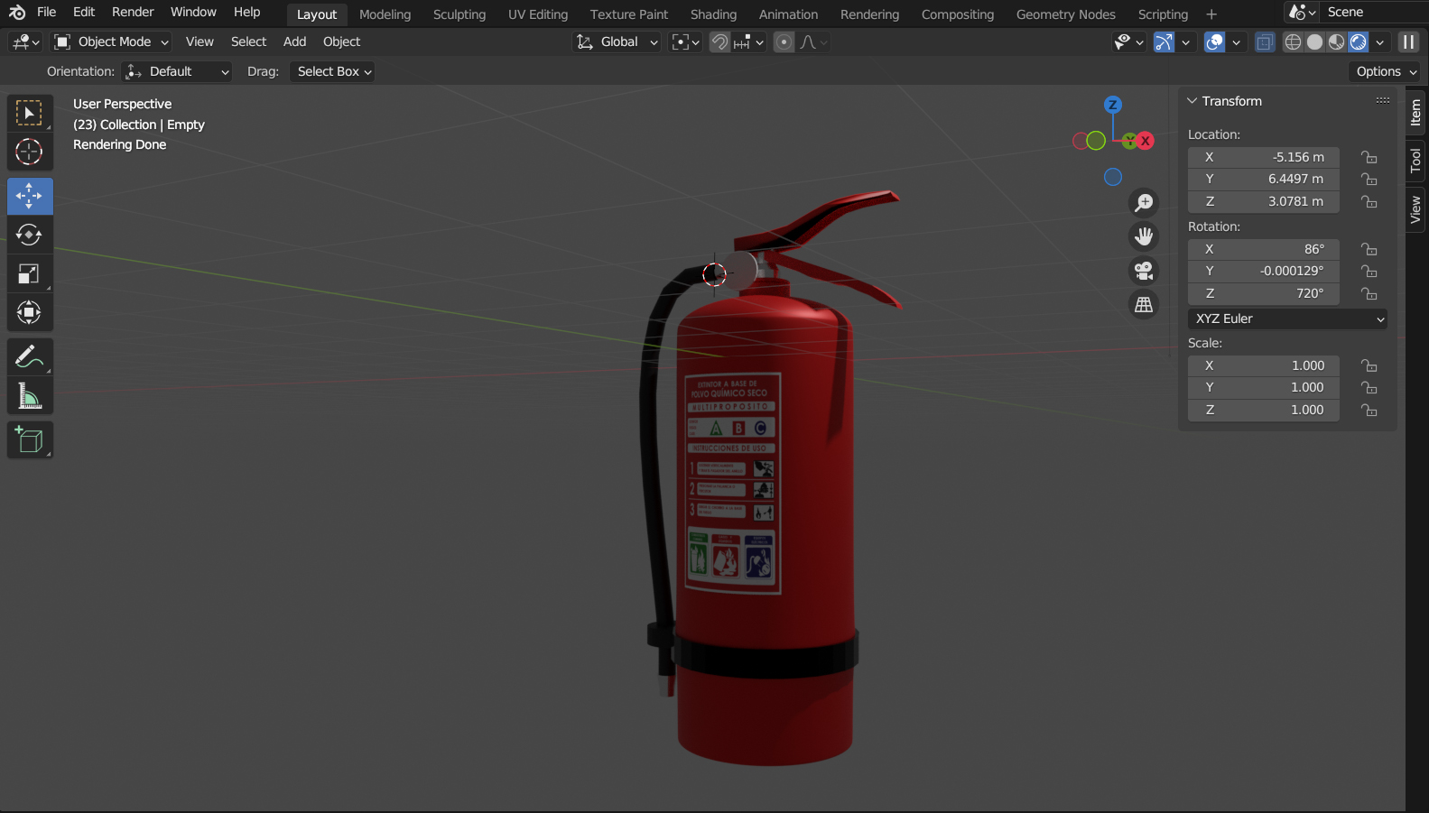 Modelado 3D del extintor en Blender para el simulador