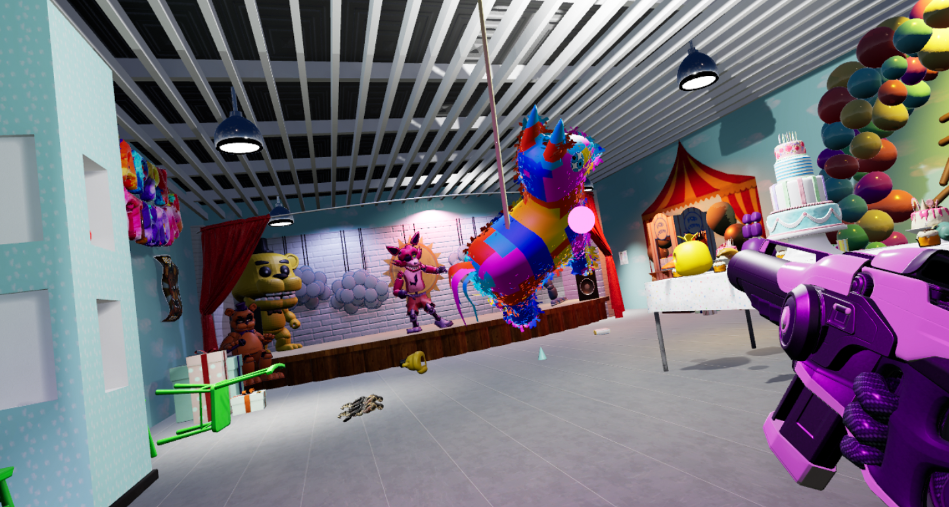 Escena de videojuego VR ambientada en una fiesta infantil